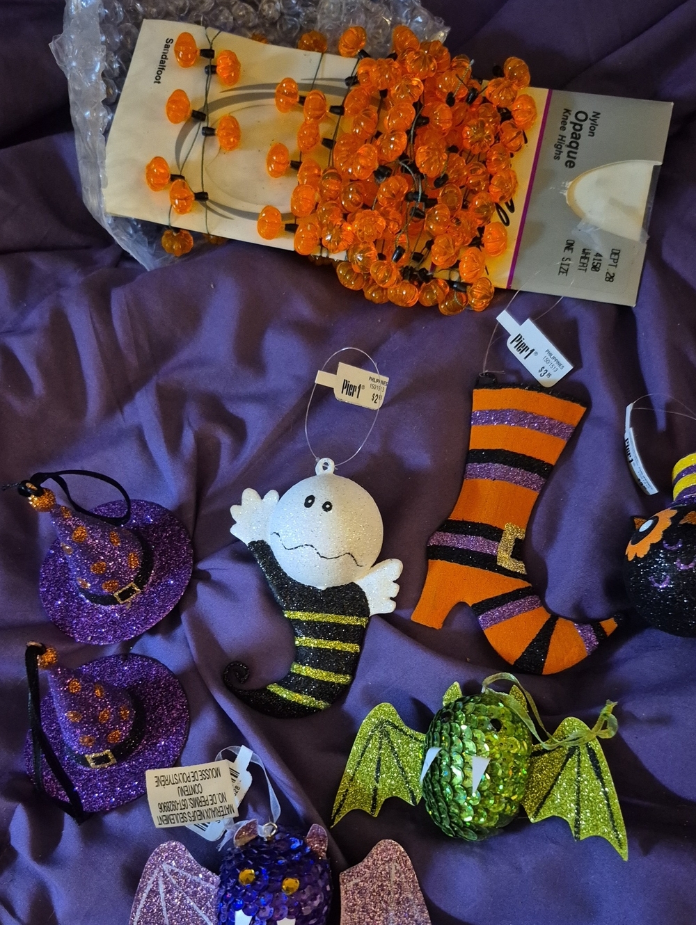 Pier 1 Halloween Kids Decorative Ornament Set Of 8- Orange, Purple, Green, White